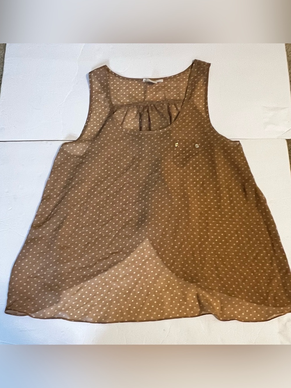 Bozzolo Brown and White Polka Dot Sleeveless Chiffon Blouse Size Large
